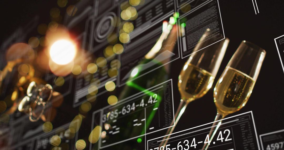 Toasting Champagne Flutes Featuring Futuristic HUD Overlay and Bokeh Nightclub Glow Celebration