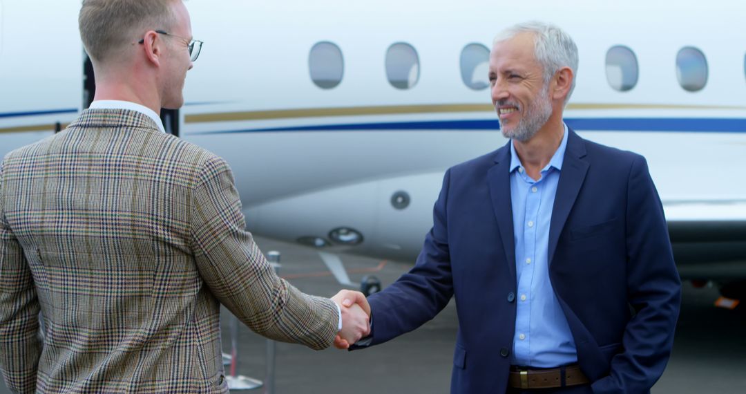 Business Professionals Shaking Hands Near Private Jet - Free Images, Stock Photos and Pictures on Pikwizard.com