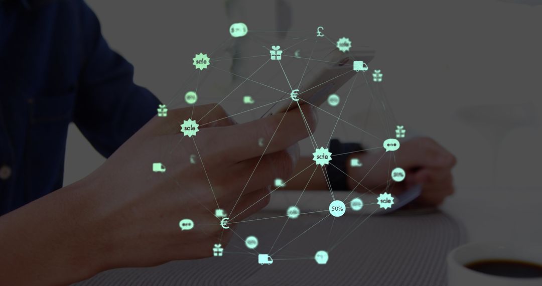 Smartphone User Navigating Digital Business Network Overlay