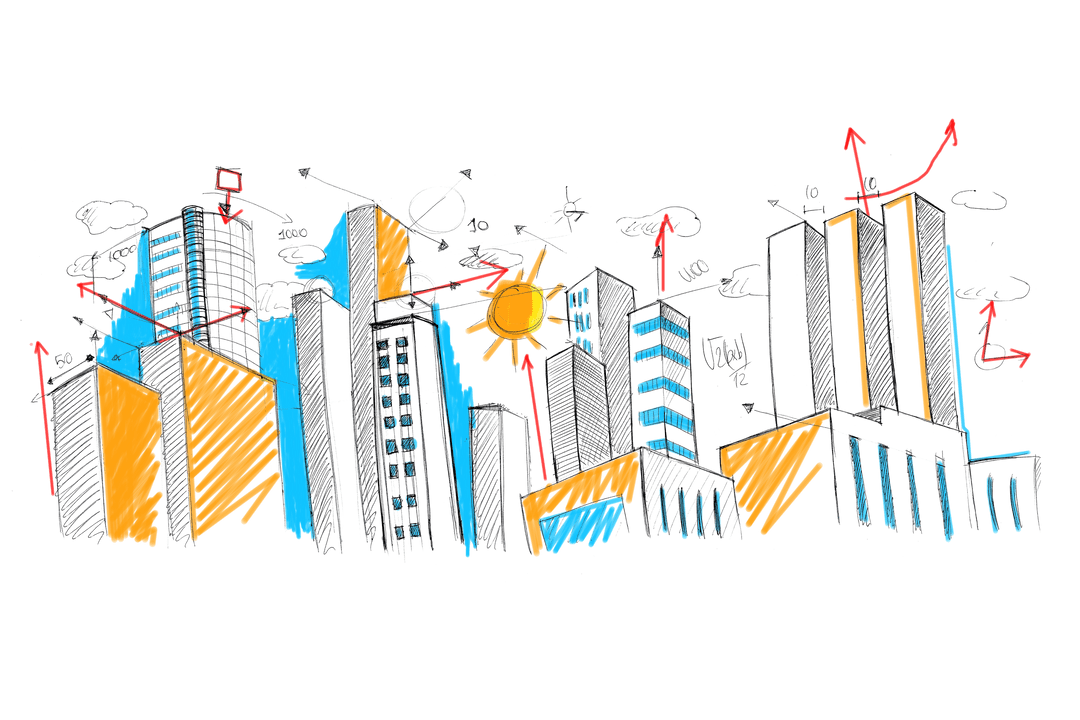 Abstract City Skyline with Business Icons on Transparent Background