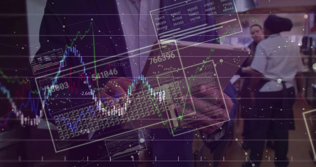 Businessman Holding Tablet Analyzing Interactive Stock Charts at Financial Conference Live