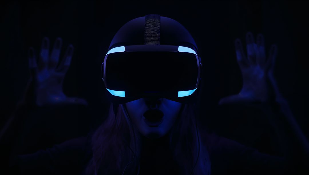 Woman Experiencing Virtual Reality Awe Wearing Illuminated VR Headset in Dark Neon Blue