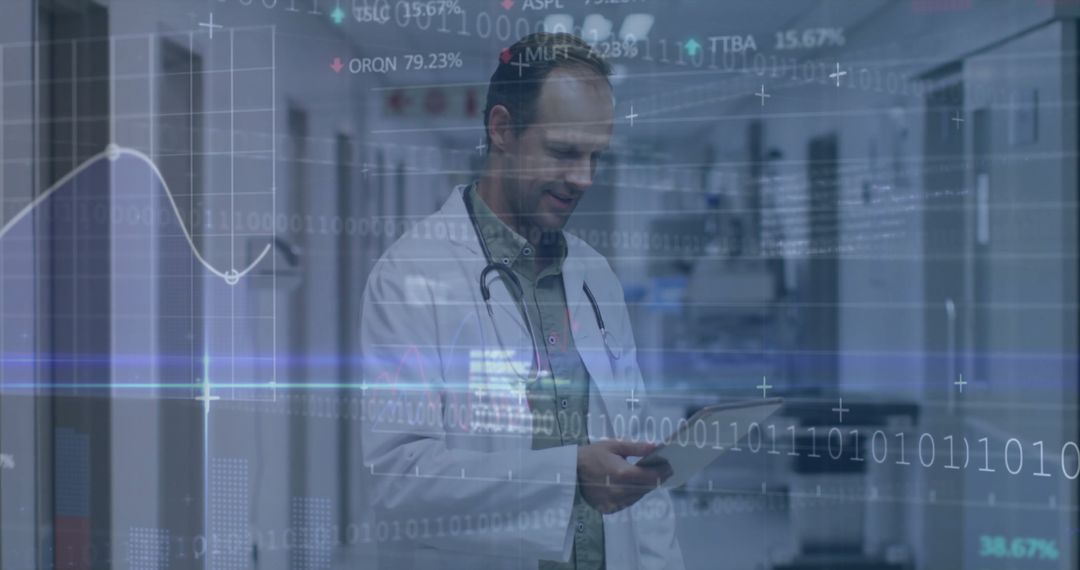 Doctor Analyzing Data on Tablet with Virtual Interface in Hospital Hallway
