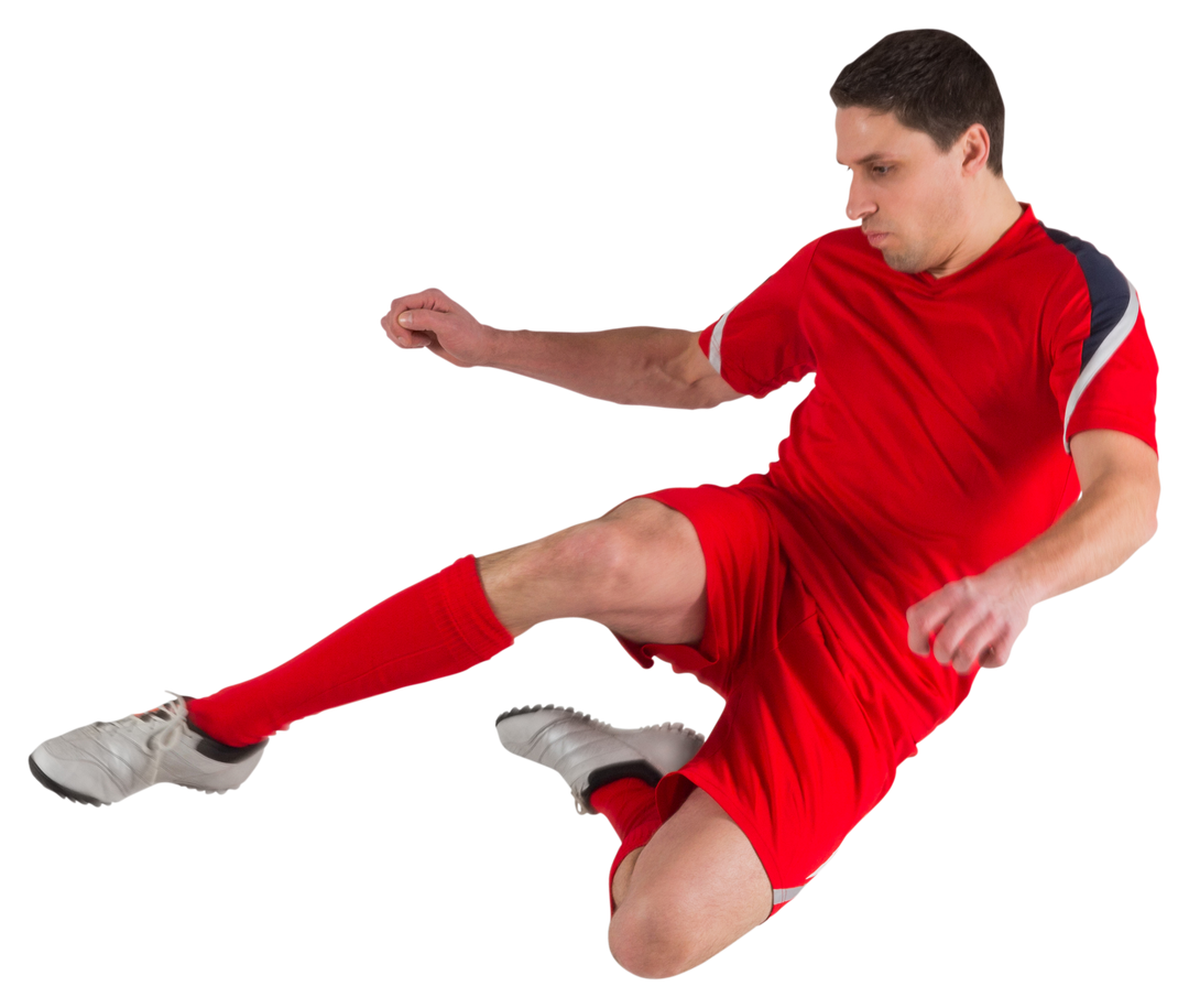 Transparent dynamic football player in red jersey kicking ball while jumping - Download Free Stock Images Pikwizard.com