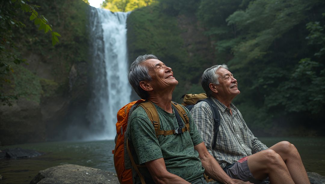 Senior Asian Hikers Resting by Secluded Waterfall Pool with Backpacks and Smiles