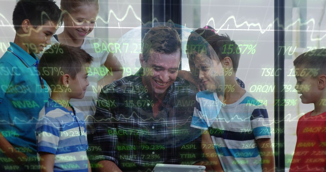 Mentor Teaching Children Stock Market on Tablet