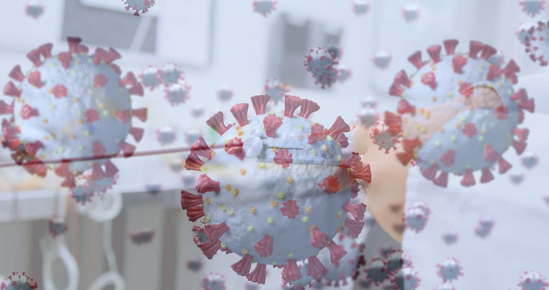 Virus Cells Overlaying Female Scientist in Laboratory