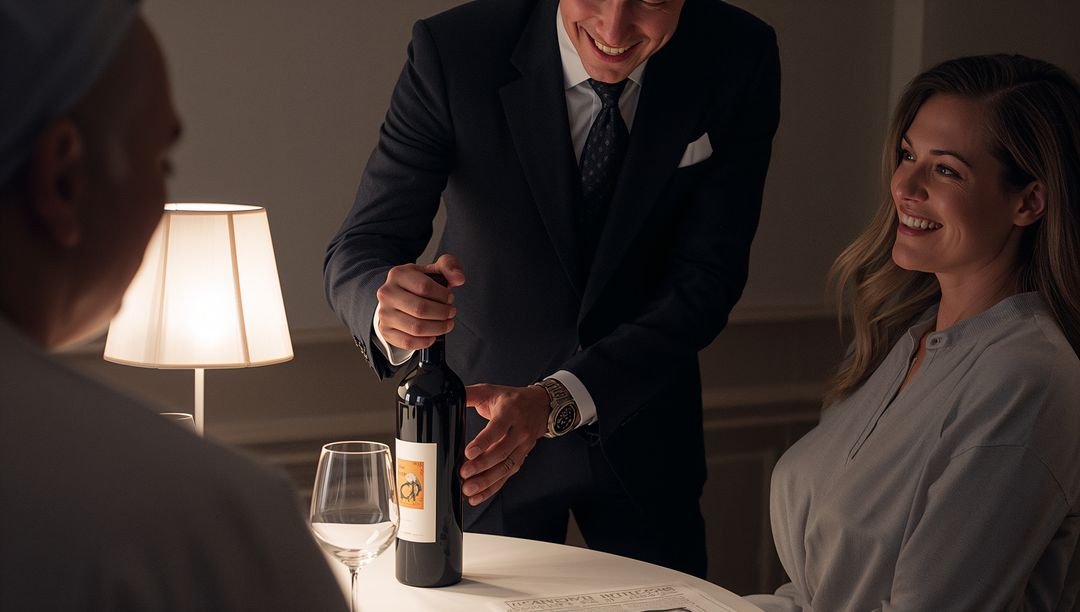 Sommelier Uncorking Red Wine at Intimate Hotel Dinner with Smiling Guest