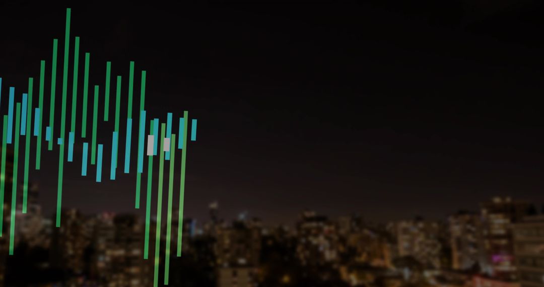 Neon Audio Equalizer Overlay on Nighttime Urban Skyline