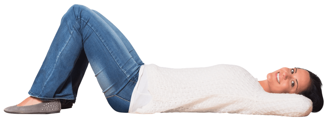 Happy Caucasian Woman Lying On Transparent Background Wearing Casual Outfit