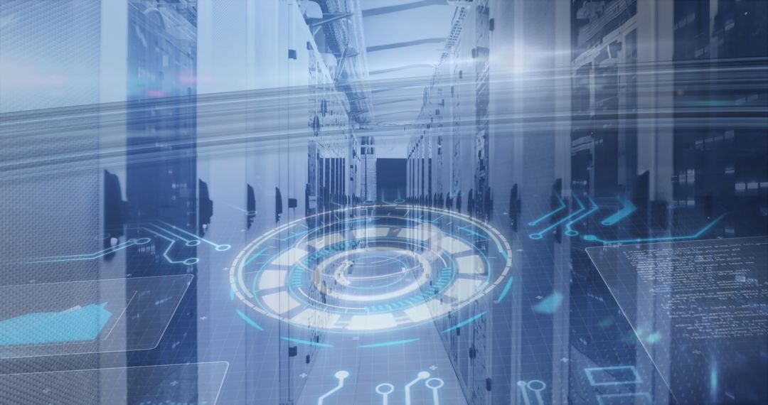 High-Tech Data Center with Innovative Digital Interface Overlay