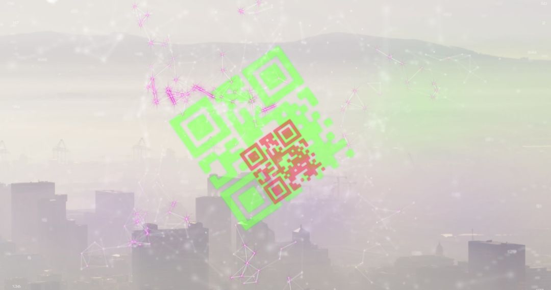 Digital Network QR Code Overlay on Hazy Cityscape