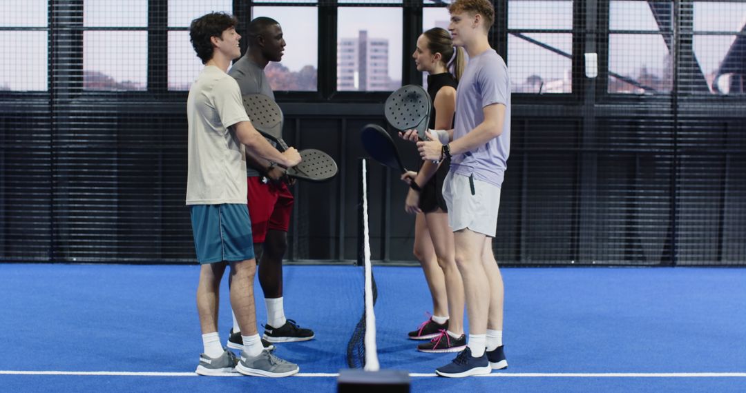 Diverse Athletes Practicing Paddle Tennis on Urban Court