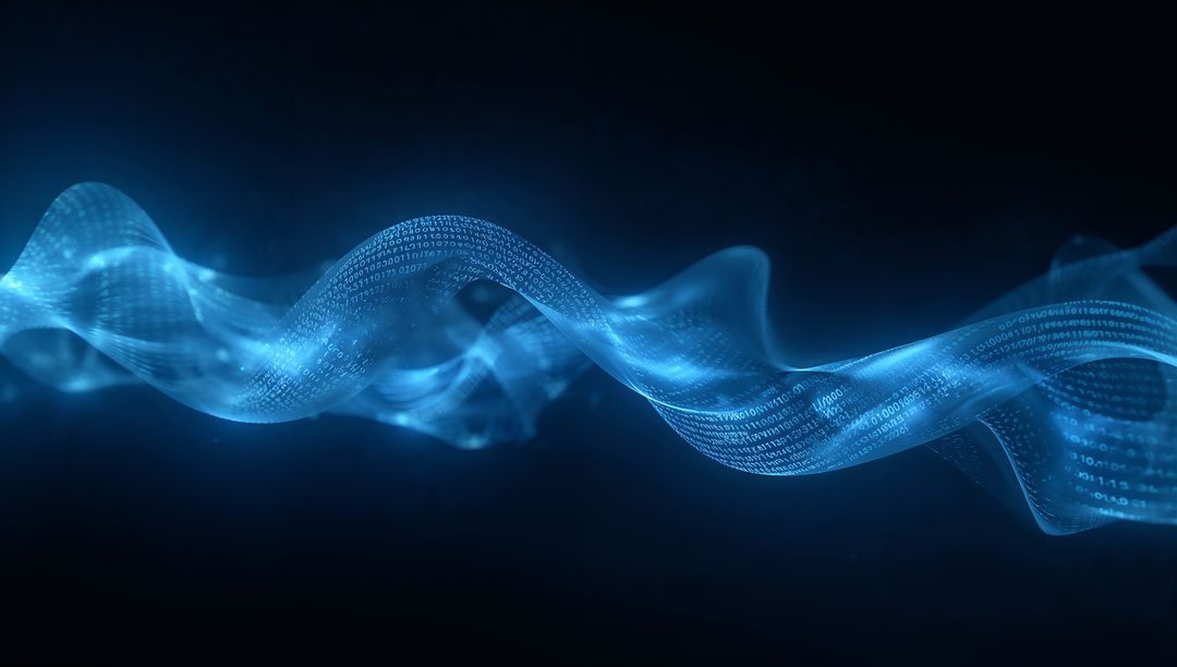 Glowing Binary Data Ribbon Flowing Through Dark Digital Space Neon Blue Wave Futuristic