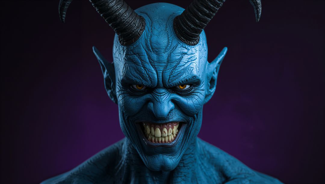 Snarling Blue-Skinned Demon with Intimidating Appearance
