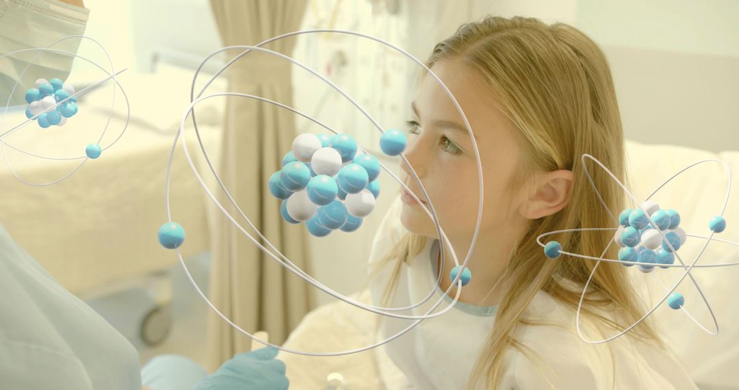 Gown-clad child observing virtual atomic models during pediatric checkup promoting STEM curiosity
