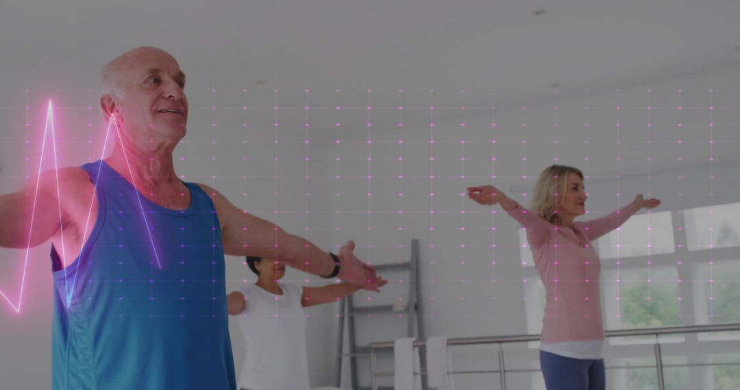 Senior Man Exercising at Ballet Barre with Heart Rate Overlay