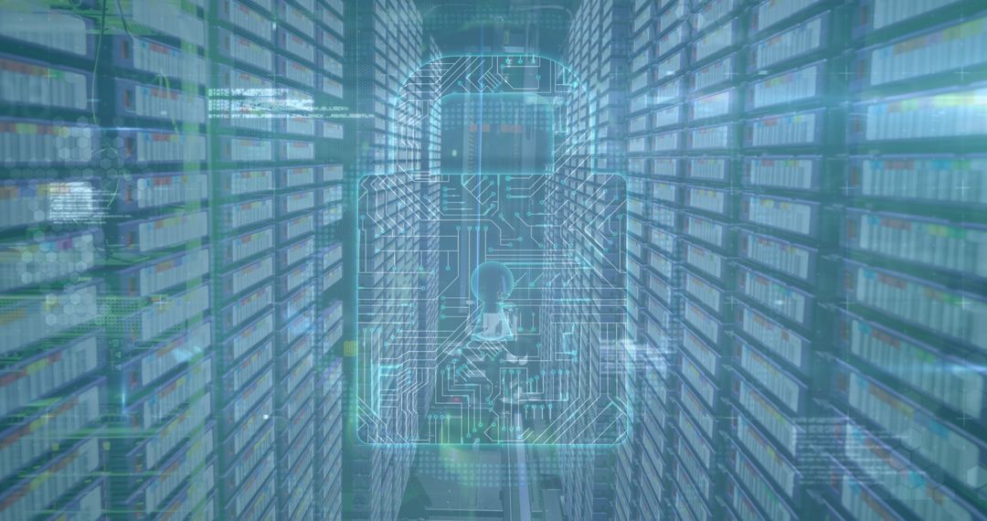 Data Security Concept with Digital Lock Overlaid on Server Room