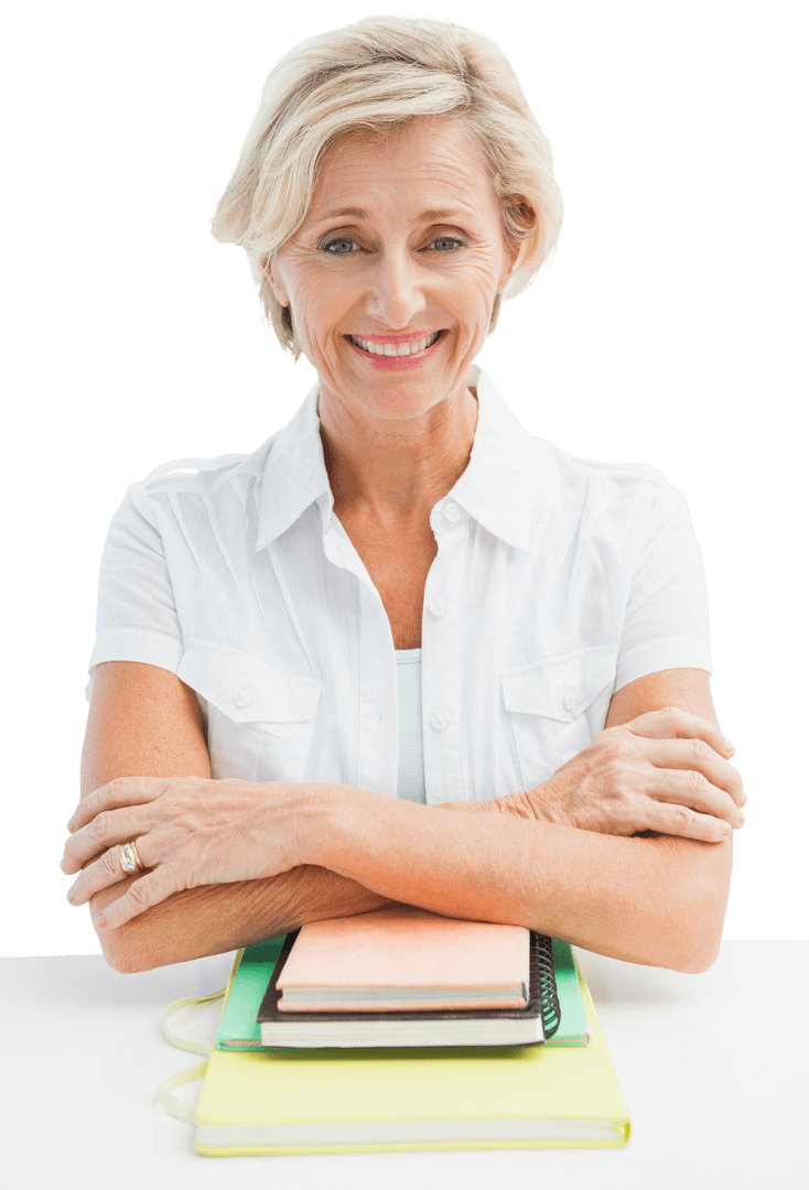 Happy Senior Woman with Notebooks Smiling on Transparent Background
