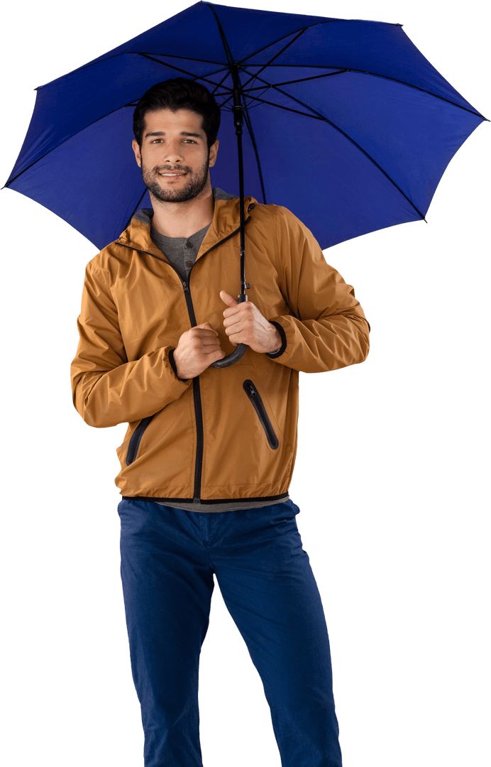 Smiling Male with Blue Umbrella and Brown Jacket on Transparent Background