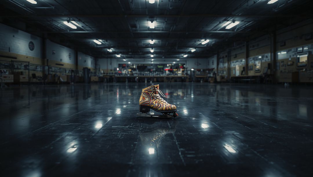 Patterned figure skate resting on gleaming rink floor reflecting overhead lights