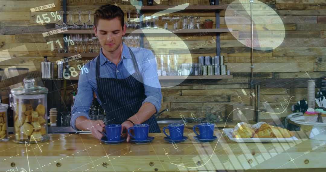 Barista in Rustic Cafe Preparing Coffee with Data Analytics Overlay