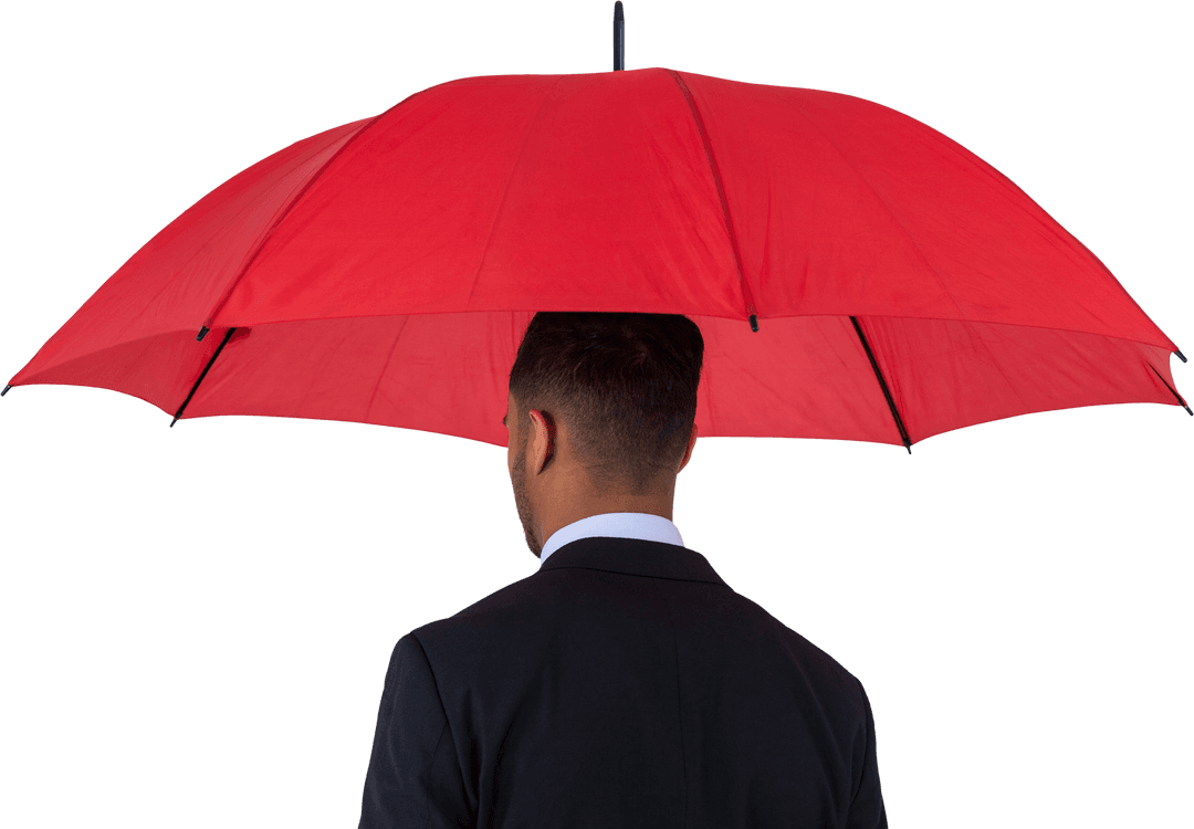 Businessman Back View Holding Red Transparent Umbrella