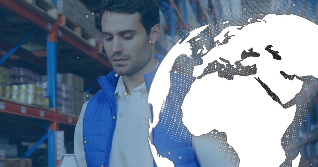 Warehouse Worker Analyzing Inventory with Global Logistics Concept