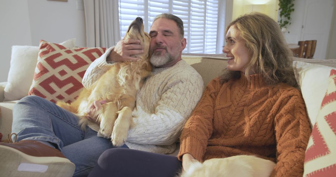 Cozy Couple and Golden Retrievers Relaxing on Sofa at Home
