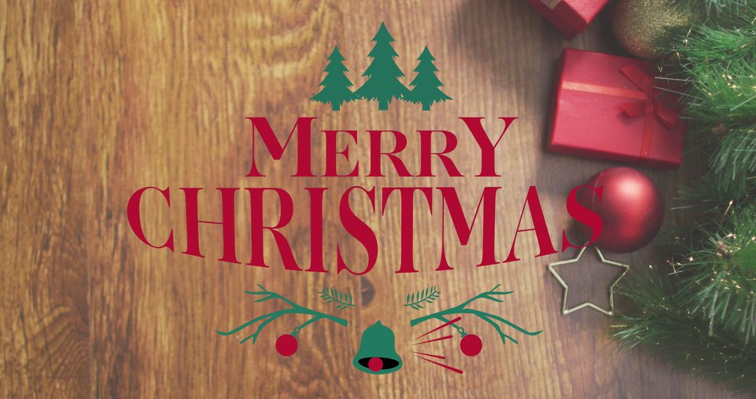 Christmas Greetings with Red Gifts and Ornaments on Wooden Surface
