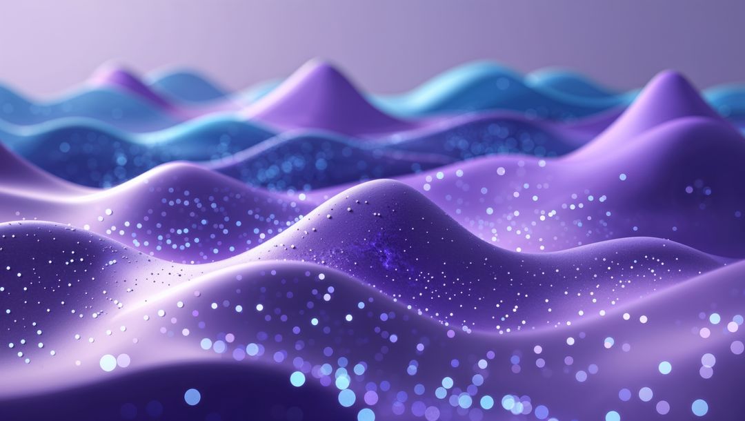 Glowing Particles on Abstract Wavy Purple Landscape