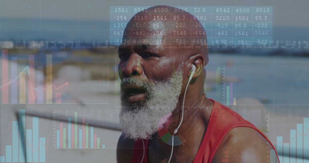 Mature Man Pausing on Seaside Promenade with Fitness Data Overlays