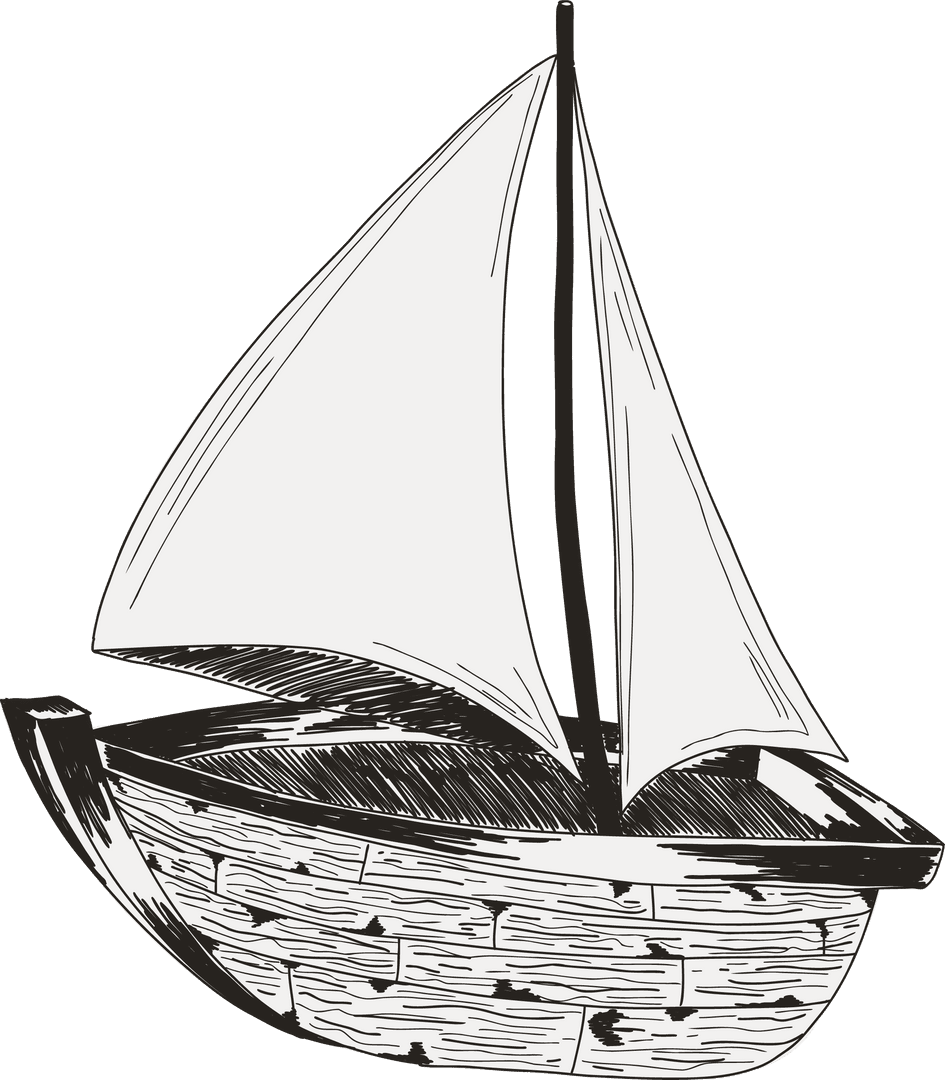Vintage Sailboat Sketch with Grain Texture on Transparent Background