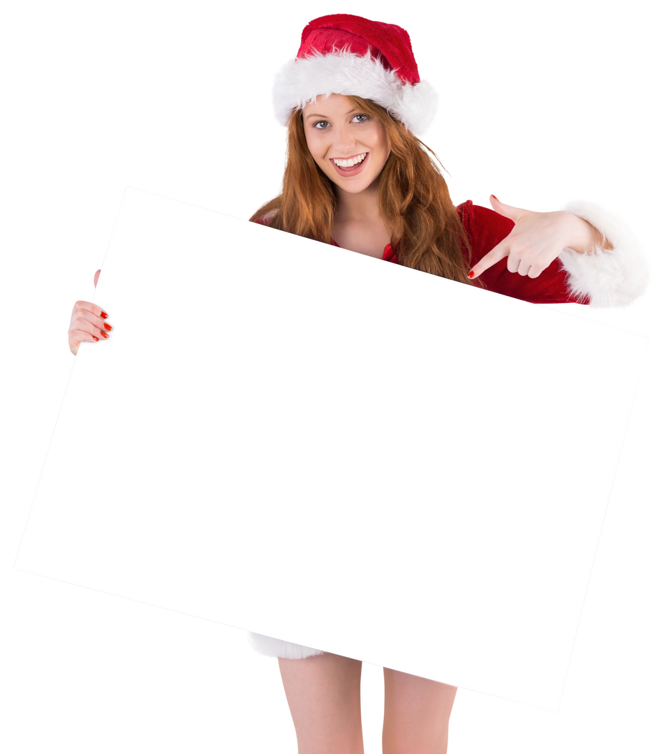 Transparent festive redhead wearing Santa hat holding blank sign smiling - Download Free Stock Images Pikwizard.com