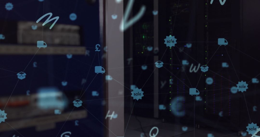 Technological Server Room with Floating Mathematical Symbols