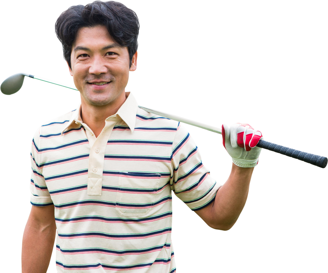 Smiling Asian Male Golf Player Holding Club on Transparent Background - Download Free Stock Images Pikwizard.com