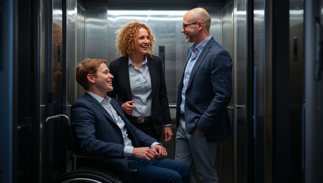 Friendly Business Team Engaging in Office Elevator Exchange