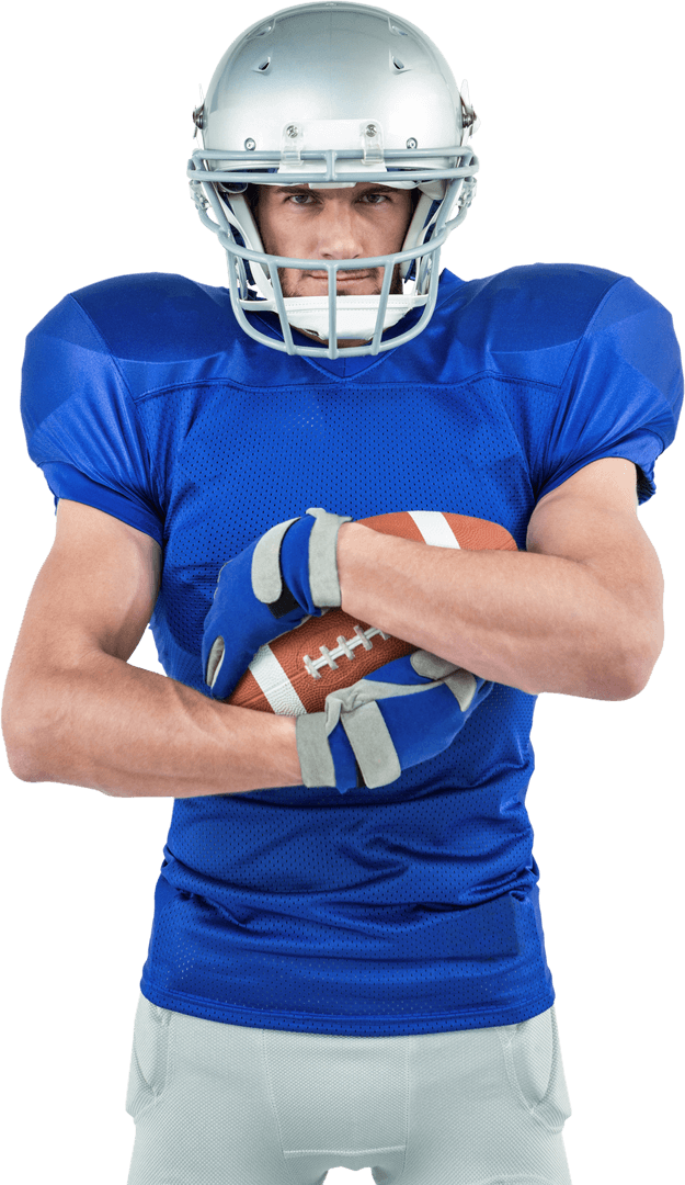 Transparent Football Player Holding Ball with Focused Expression