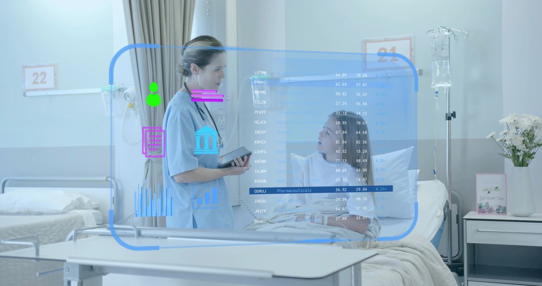 Nurse Using Tablet with Augmented Reality Patient Data Consulting Child in Hospital Ward