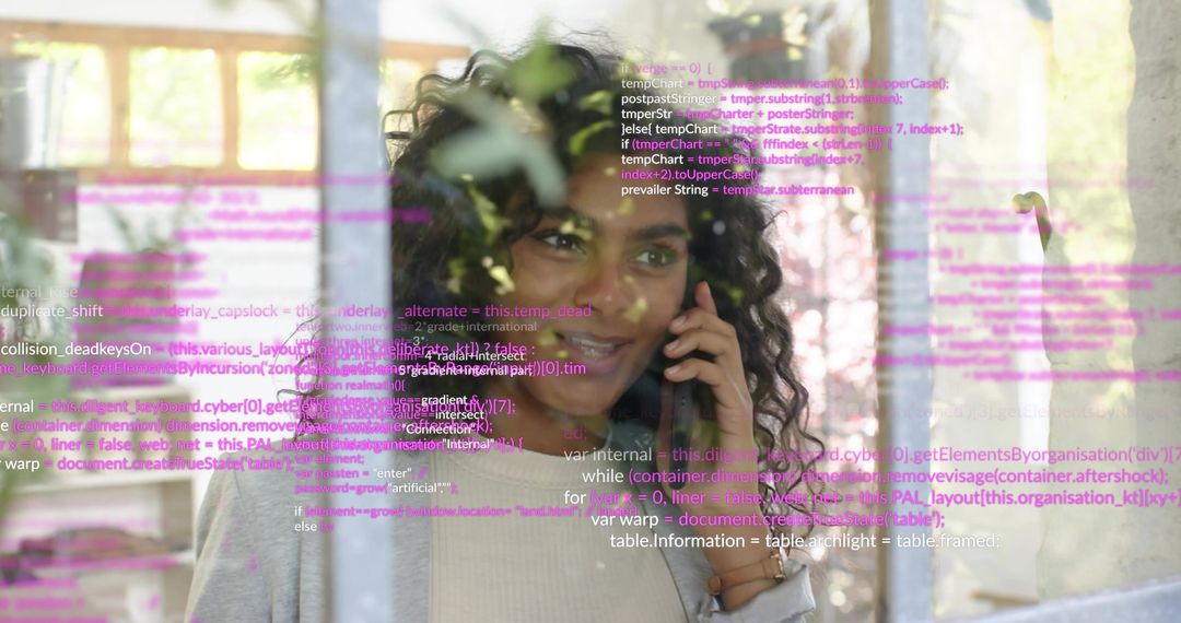 Woman speaking on smartphone viewing augmented code overlay through sunlit glass door