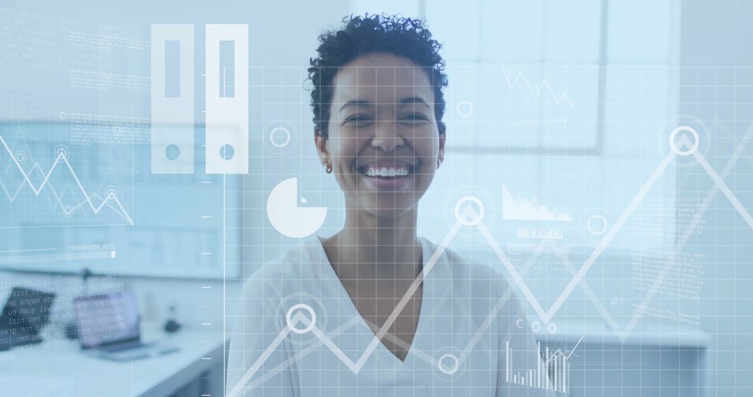 Smiling Professional Woman with Data Analytics Overlay in Modern Office