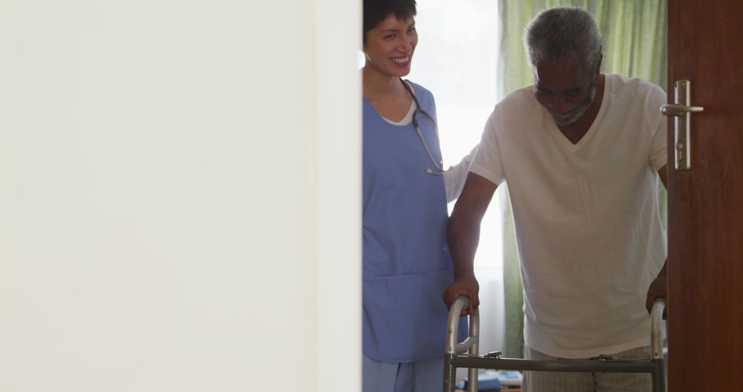Doctor Assisting Senior Man with Walker at Retirement Home