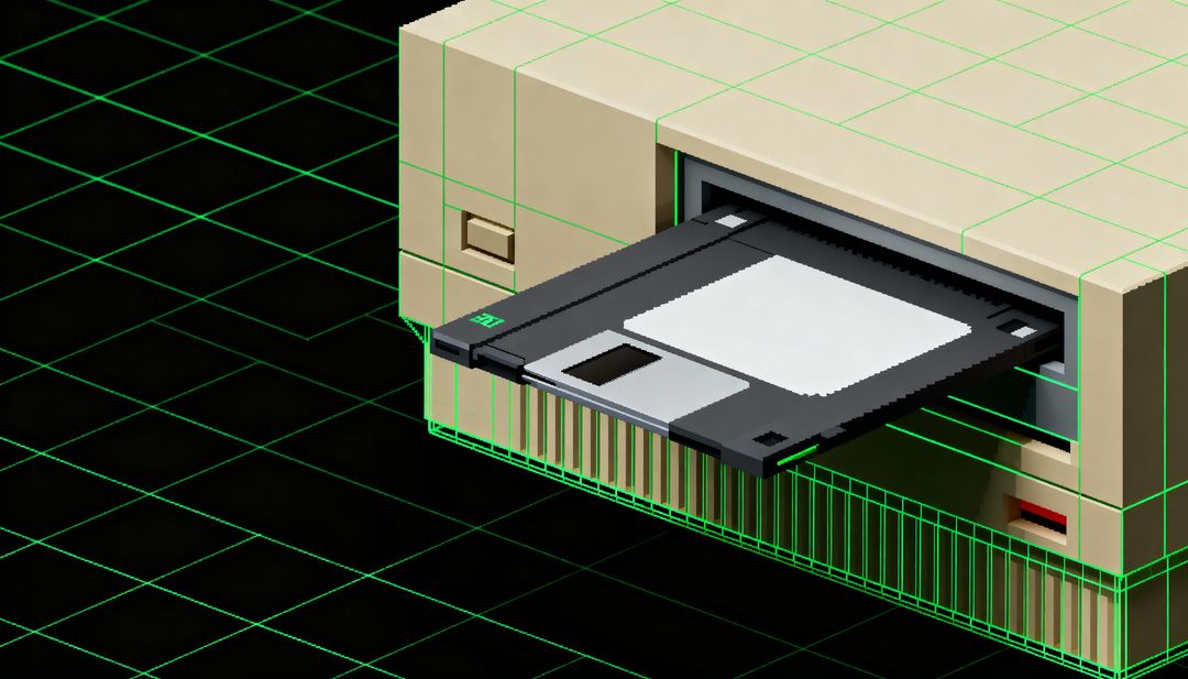 Retro beige floppy drive ejecting 3.5-inch disk on neon grid wireframe 3D render