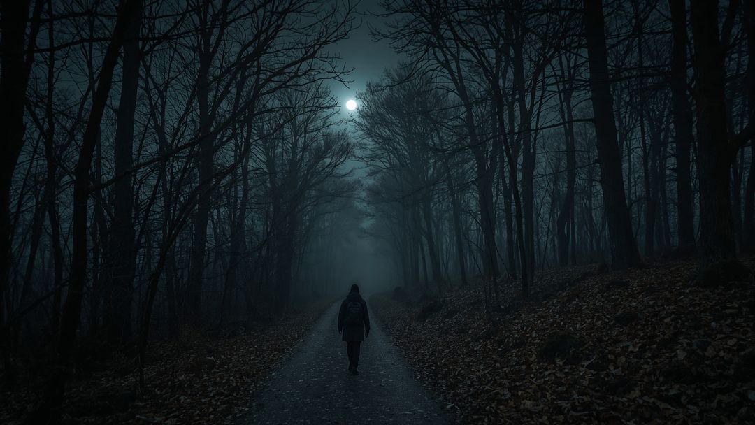 Person Walking Alone in Misty Forest at Night Under Full Moon