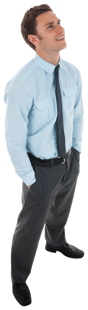 Transparent Businessman Looking Upwards with Hands in Pockets