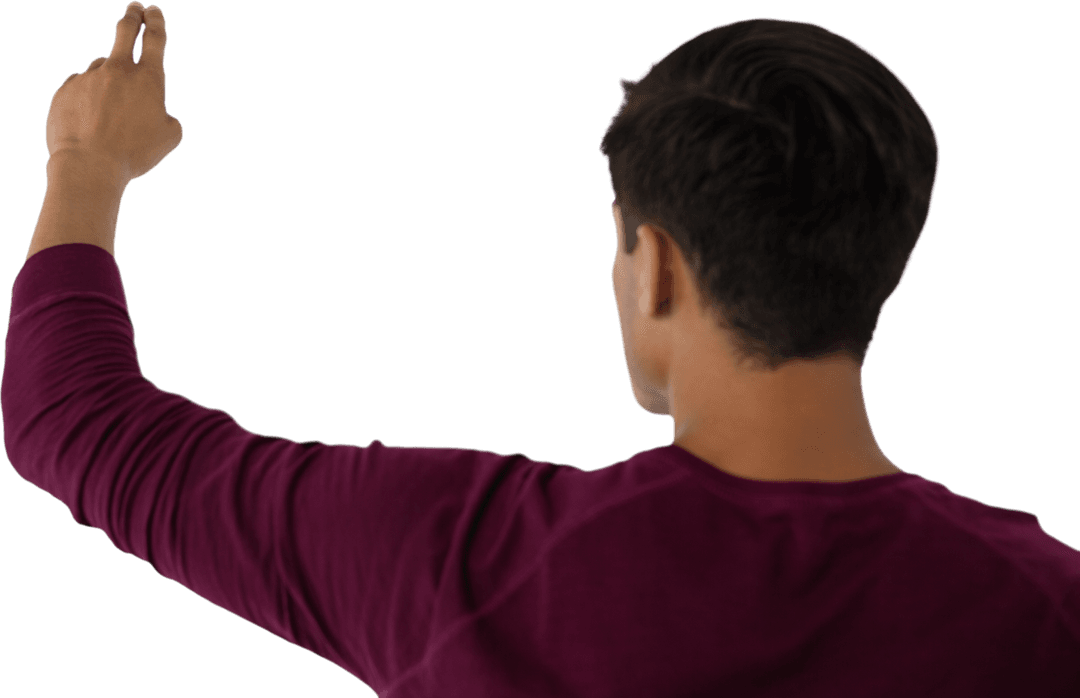 Rear View of Man in Red Shirt Touching Transparent Virtual Interface