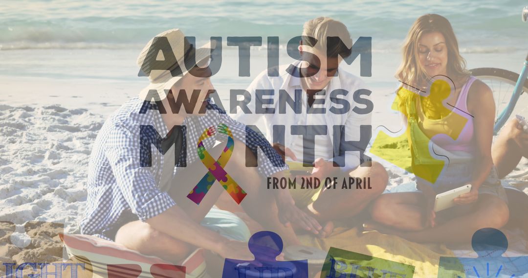 Autism Awareness Concept with Puzzle Pieces on Beach Gathering