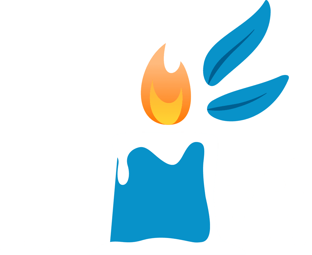Blue Candle with Flame and Leaves on Transparent Background