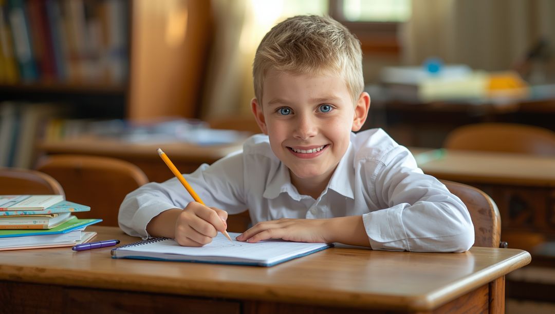 Smiling Child Writing in Classroom Environment