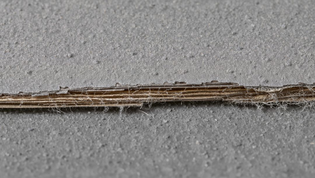 Frayed cardboard core in gray fiberboard macro texture with dust, lint and layered edge